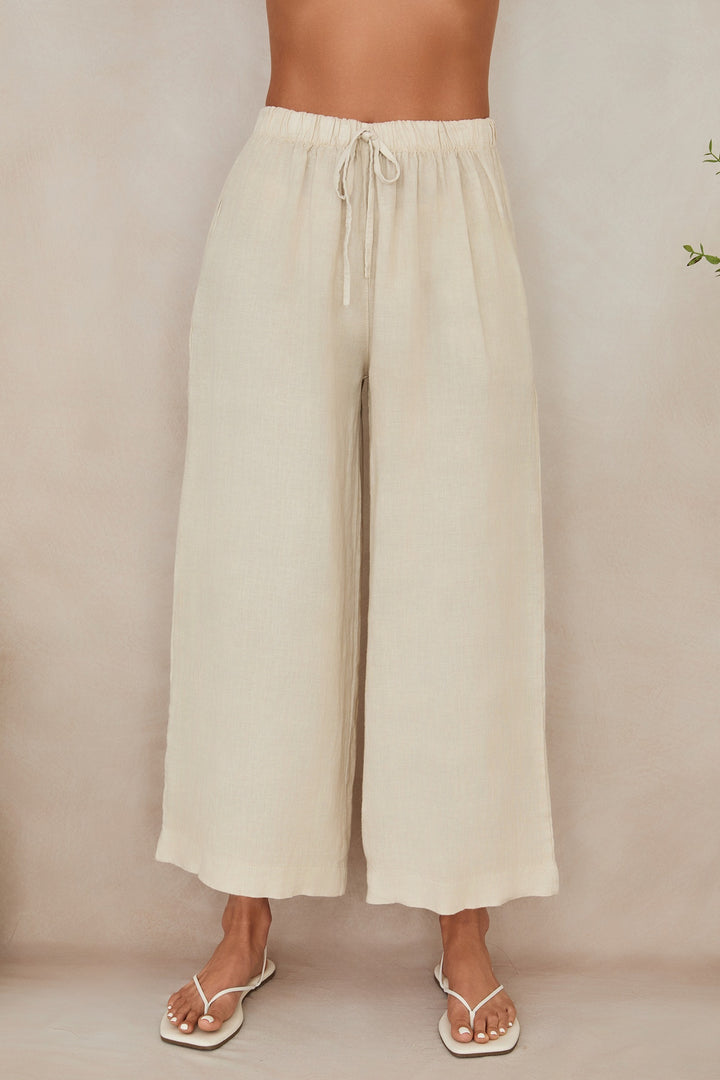 DRAWSTRING WAISTBAND WIDE LEG LINEN PANTS