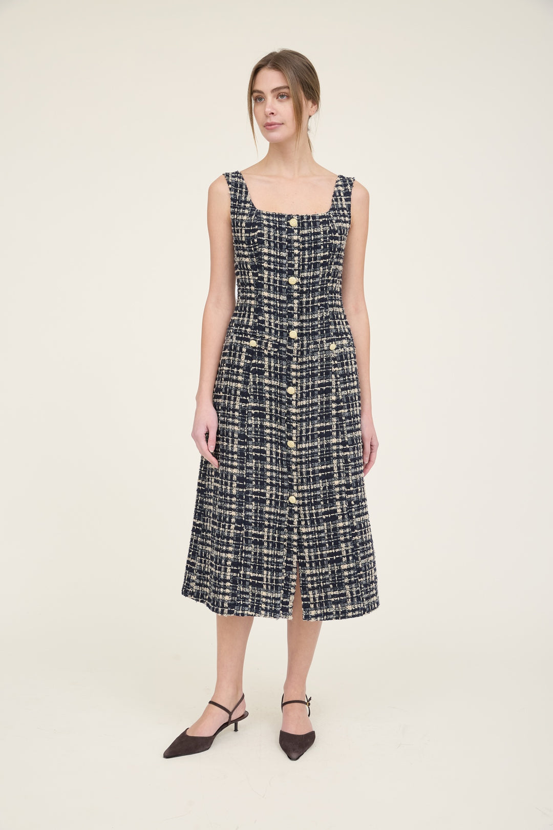 SLEEVELESS SQUARE NECK LINE TWEED MIDI DRESS - NAVY MULTI H / Small / SP0883 SLEEVELESS SQUARE NECK LINE TWEED MIDI DRESS - NAVY MULTI H / Small / SP0883