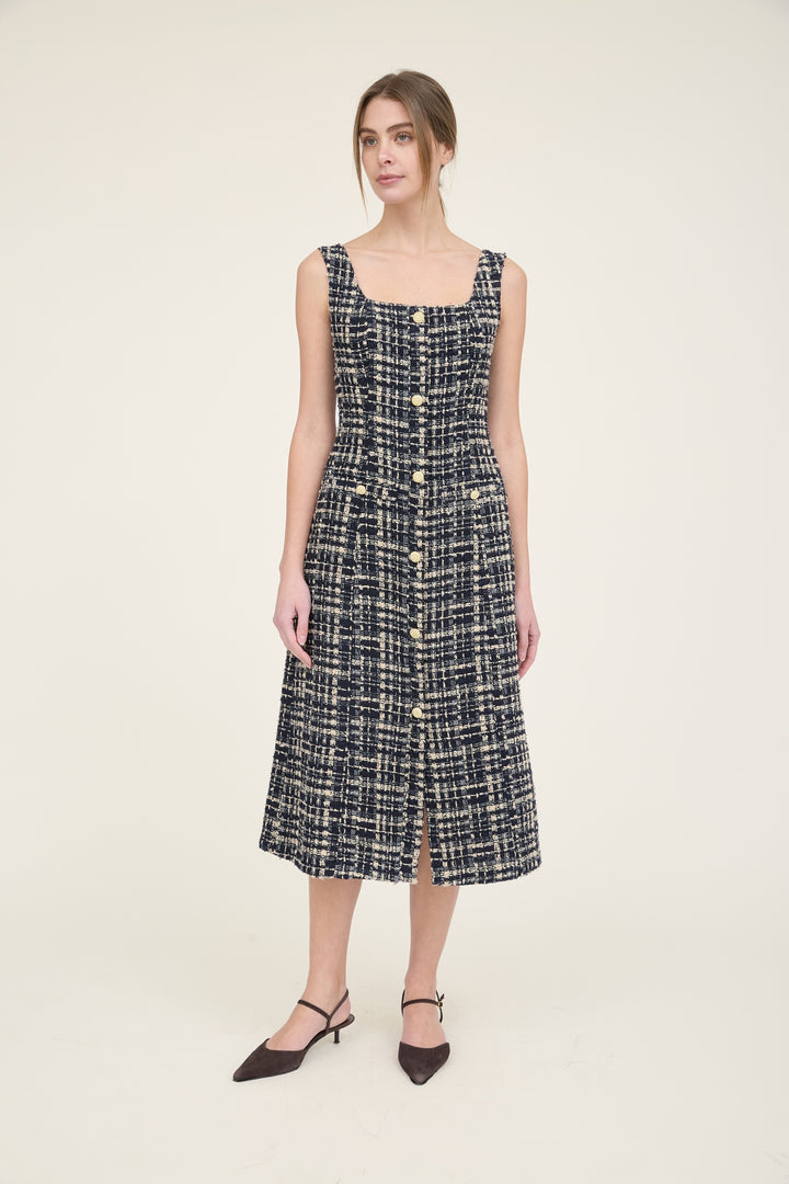 SLEEVELESS SQUARE NECK LINE TWEED MIDI DRESS