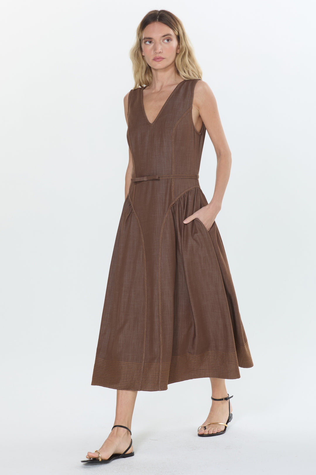 BRUNI TOPSTITCHED DENIM EFFECT MIDI DRESS