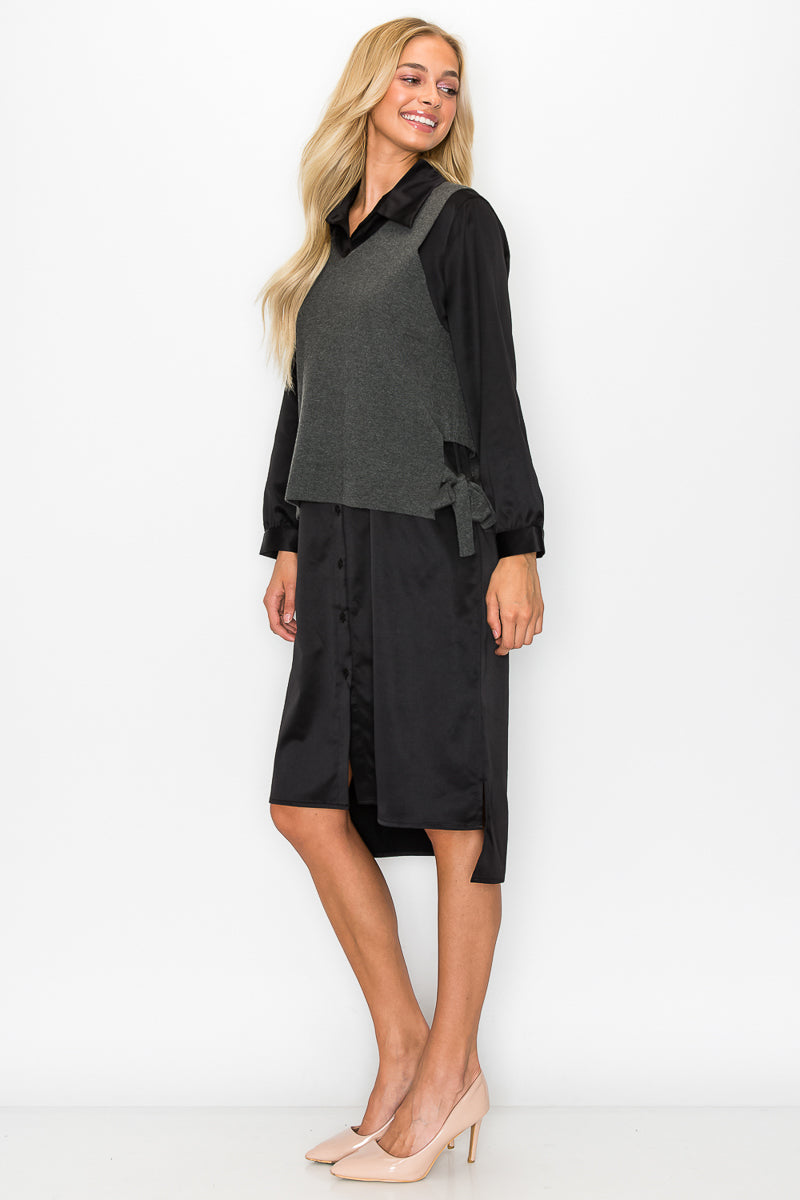 Whema Woven Shirt Dress with Detachable Sweater Knitted Vest