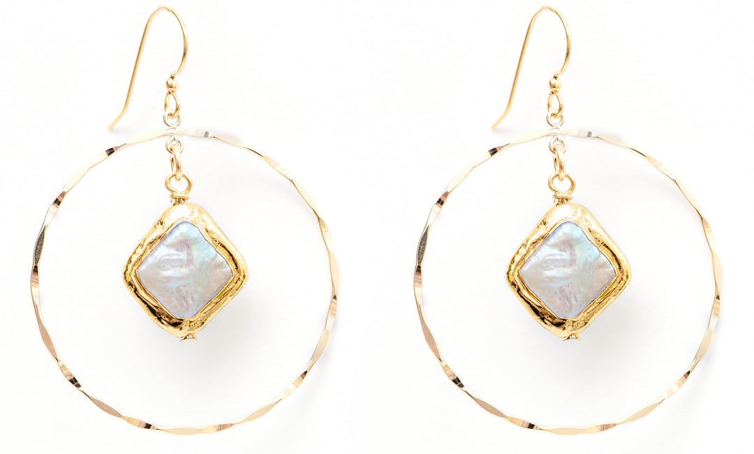 GOLD FILL HOOPS WITH MOTHER OF PEARL STONES